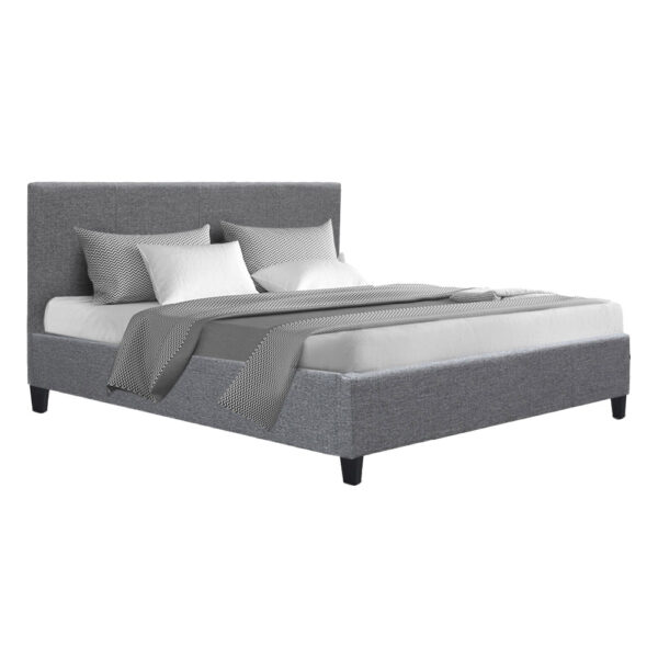 Aplusliving-Double Size Grey Upholstered Bed Frame with Padded Headboard & Wooden Slats