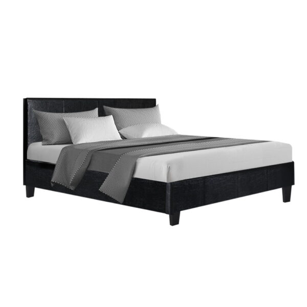 Aplusliving-Double Size Black Leather Look Bed Frame with Padded Foam Headboard