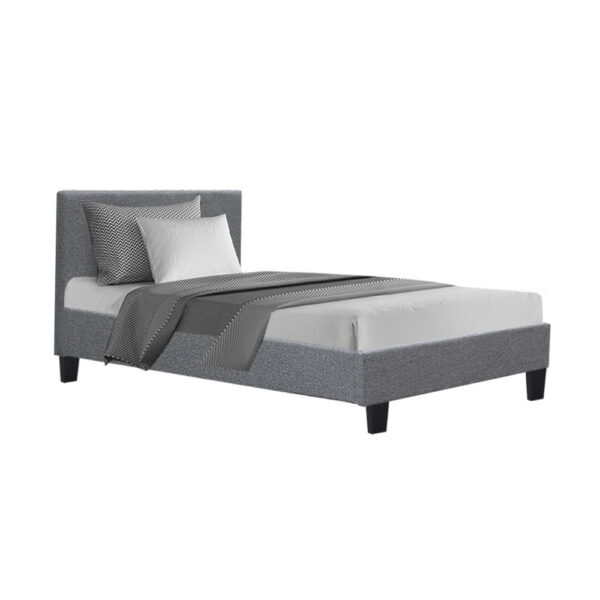 Aplusliving-King Single Grey Upholstered Bed Frame Padded Headboard Wooden Slat Base