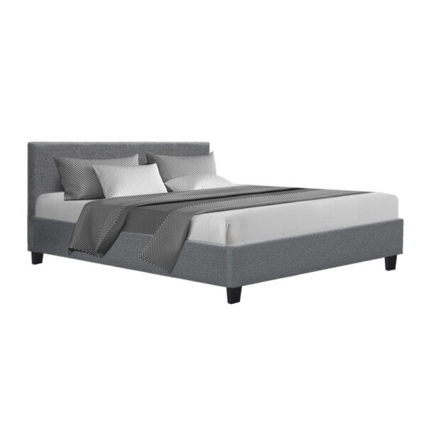 Aplusliving-Queen Size Upholstered Bed Frame Grey Linen Fabric Padded Headboard Modern