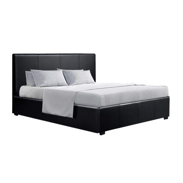 Aplusliving-Queen Size Gas Lift Storage Bed Frame PU Leather Foam Padded Black 215x160cm