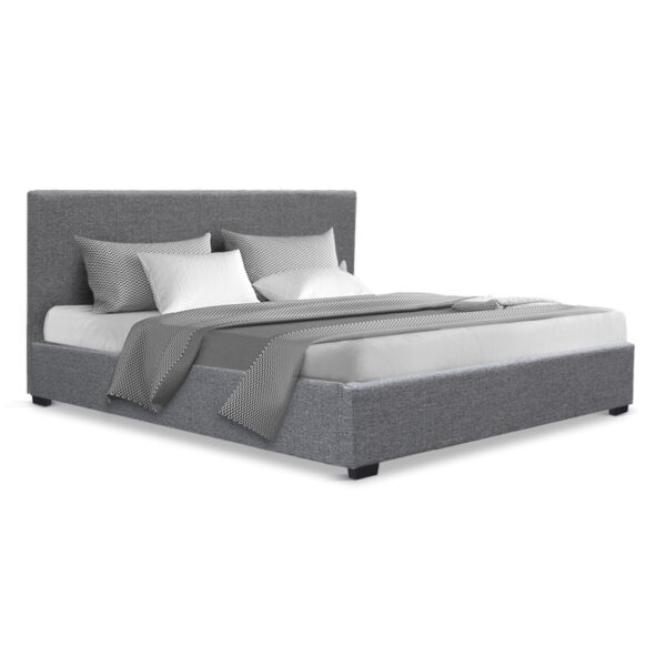 Aplusliving-Queen Size Gas Lift Storage Bed Frame Grey Linen Fabric Padded Headboard 300kg