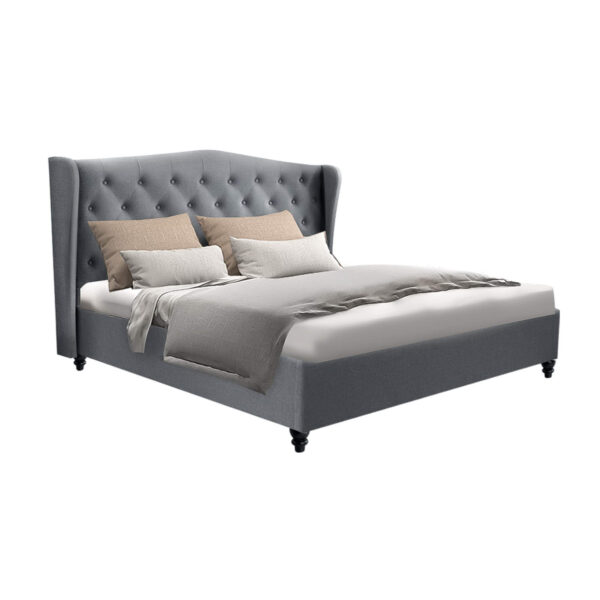 Aplusliving-Double Size Grey Fabric Bed Frame Tufted Headboard Sturdy Steel Construction