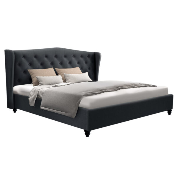 Aplusliving-King Size Tufted Headboard Bed Frame Charcoal Linen Fabric Sturdy Steel Support