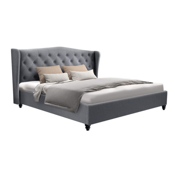 Aplusliving-King Size Tufted  Headboard Bed Frame Grey Linen Foam Padded Sturdy Steel