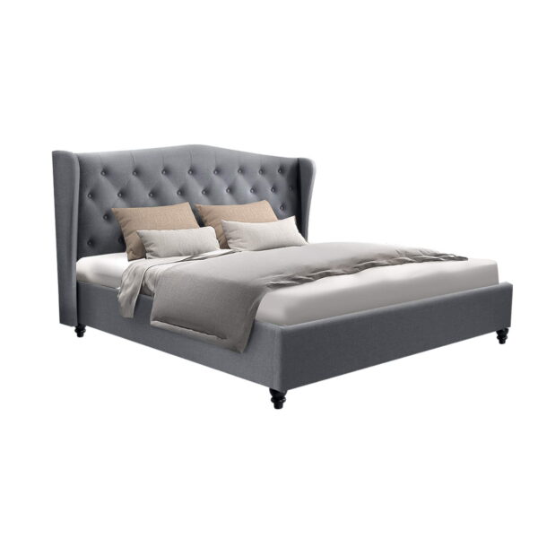 Aplusliving-Queen Size Grey Upholstered Bed Frame Tufted Headboard French