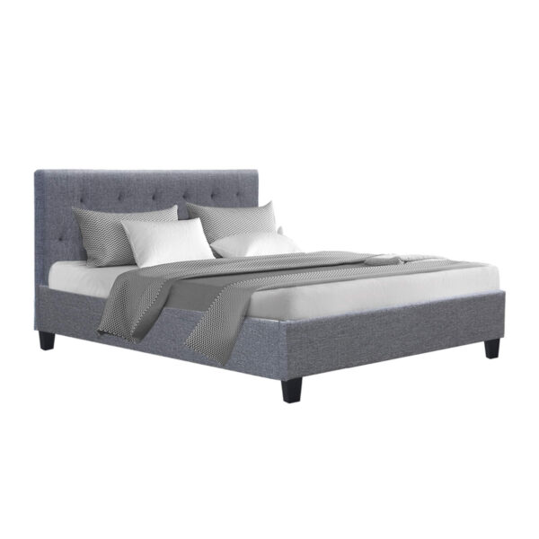 Aplusliving-Double Size Grey Upholstered Bed Frame Tufted Headboard Wooden Slat Base