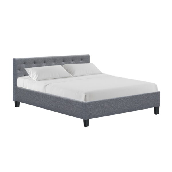 Aplusliving-Queen Size Upholstered Bed Frame Grey Linen Fabric Padded Headboard Modern