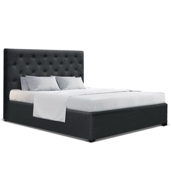 Aplusliving-Double Size Gas Lift Storage Bed Frame Charcoal Fabric Tufted Headboard VILA