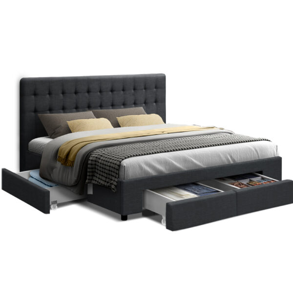 Aplusliving-King Size Upholstered Bed Frame with Storage Drawers Charcoal Fabric 300kg