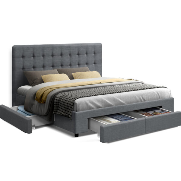 Aplusliving-King Size Upholstered Bed Frame with Storage Drawers Tufted Headboard Grey