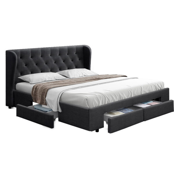 Aplusliving-King Size Upholstered Bed Frame with Storage Drawers Tufted Headboard Charcoal