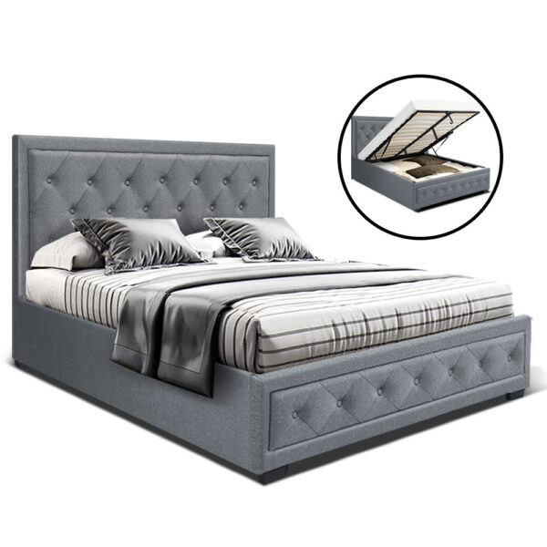 Aplusliving-Double Size Gas Lift Storage Bed Frame Grey Linen Tufted Headboard 300kg Capacit