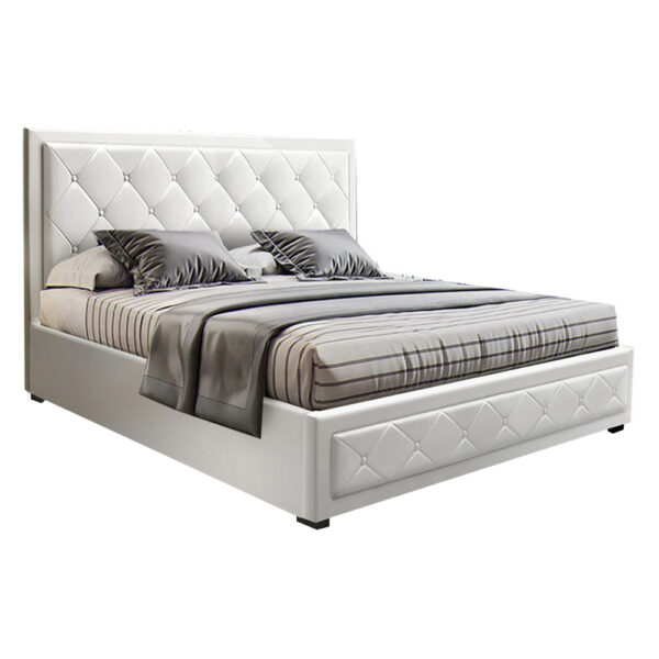 Aplusliving-Double Size Gas Lift Storage Bed Frame White Tufted Headboard Wooden Slats