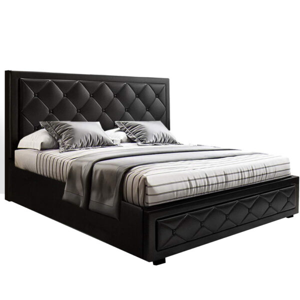 Aplusliving-Double Size Gas Lift Storage Bed Frame Tufted Headboard Black Leather Look