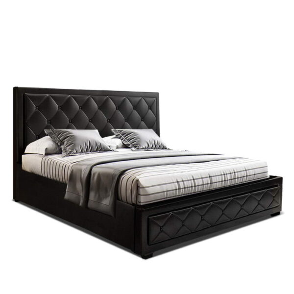 Aplusliving-Queen Size Gas Lift Storage Bed Frame Tufted Headboard Black Leather Look TIYO