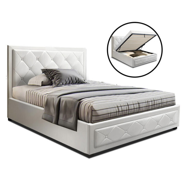 Aplusliving-King Single Gas Lift Storage Bed Frame White Leather Look Tufted Headboard 215cm