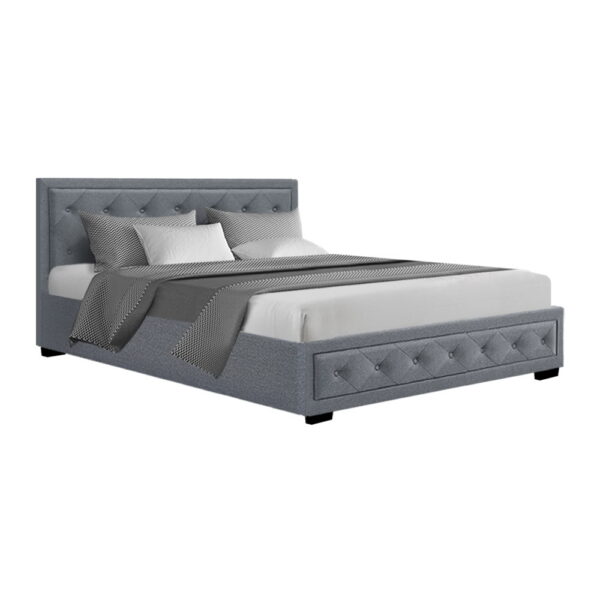 Aplusliving-Queen Size Grey Upholstered Bed Frame with Gas Lift Storage Tufted Headboard