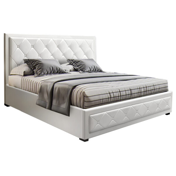 Aplusliving-Queen Size Gas Lift Storage Bed Frame White Leather Look Tufted Headboard