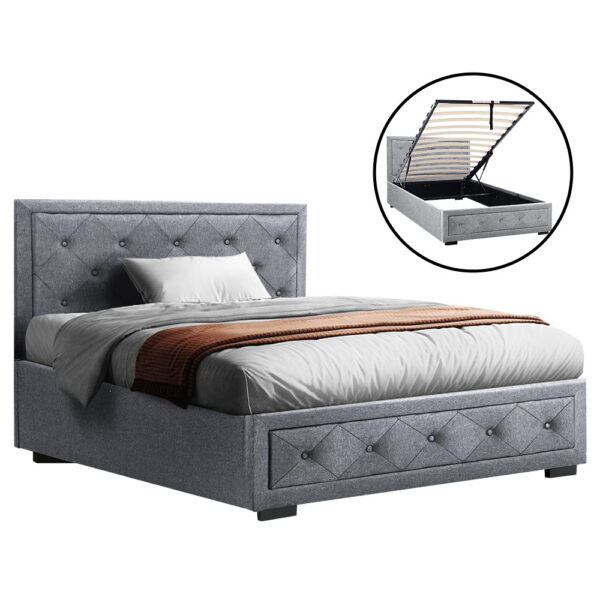 Aplusliving-King Single Gas Lift Storage Bed Frame Wooden Slats Tufted Headboard Grey