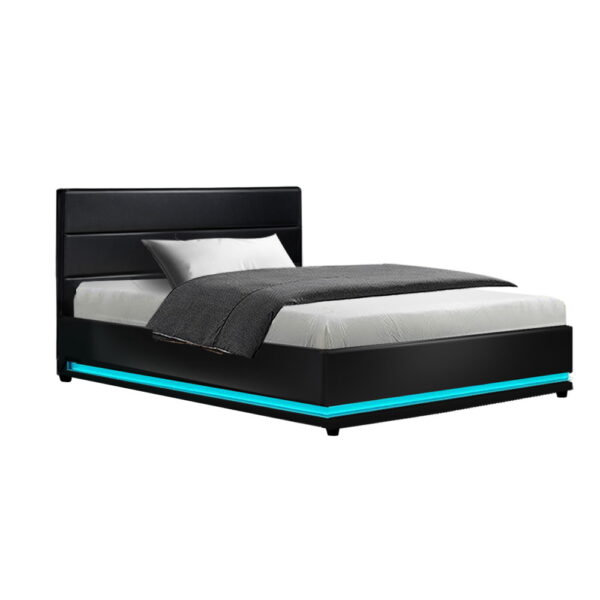 Aplusliving-King Single Gas Lift Storage Bed Frame with LED Lights Black 215x114cm