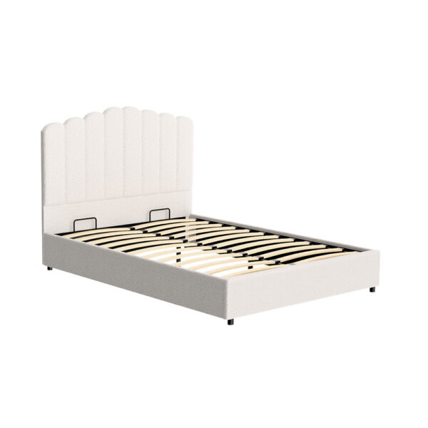 Aplusliving-Double Bed Frame Beige Upholstered Storage Padded Headboard Slats