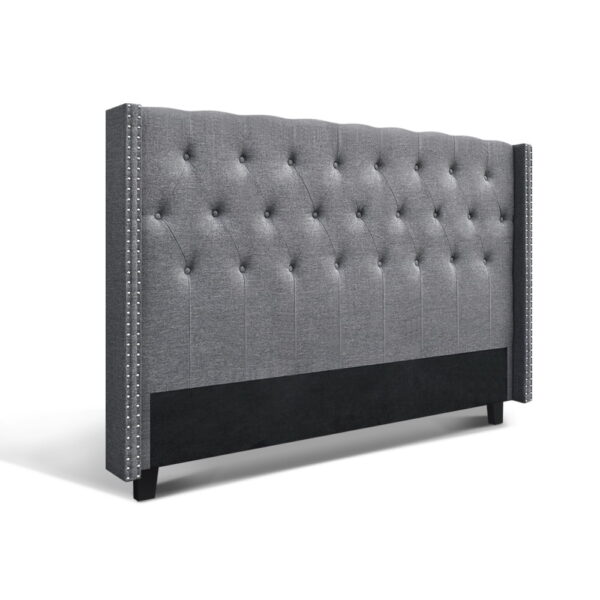 Aplusliving-King Size Grey Fabric Bed Head Tufted Winged Design High Density Foam Padded