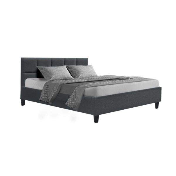 Aplusliving-Double Size Upholstered Bed Frame Charcoal Fabric Wooden Slat Base 300kg Limit