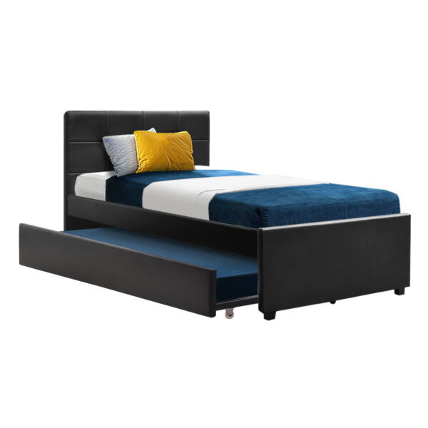 Aplusliving-King Single Trundle Daybed Frame Black Leatherette Space Saving Pull Out