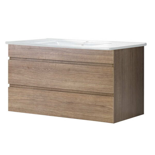 Aplusliving-Modern 915mm Oak Bathroom Vanity Unit Wall Hung Ceramic Basin Soft Close Drawers