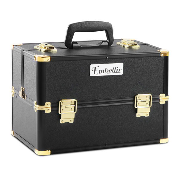 Aplusliving-Professional Portable Makeup Case Black Gold Velvet Lined with Shoulder Strap