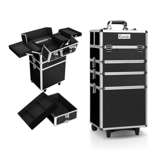 Aplusliving-Black 7 in 1 Cosmetic Makeup Case Trolley Organizer with Wheels & Locks