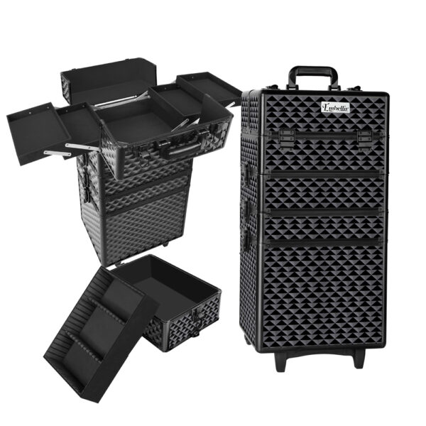 Aplusliving-7 in 1 Diamond Black Makeup Cosmetic Trolley Case Organizer with Wheels