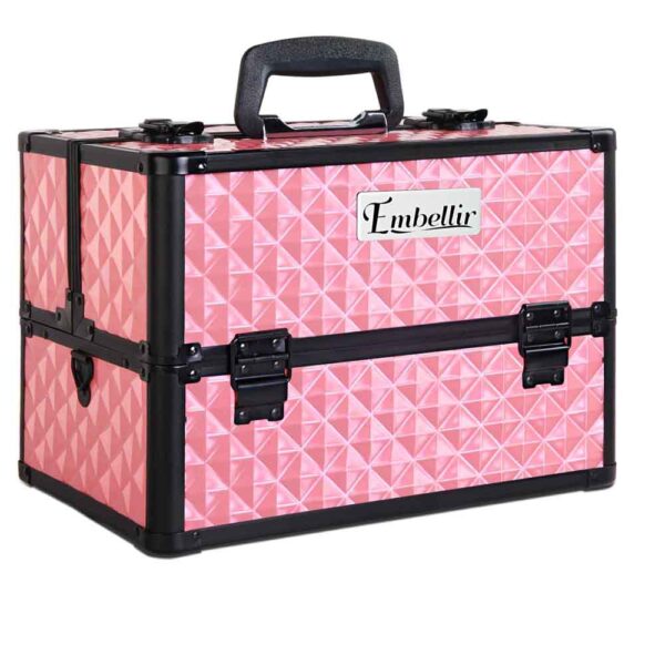 Aplusliving-Diamond Pink Portable Makeup Case Lockable with Shoulder Strap & Trays