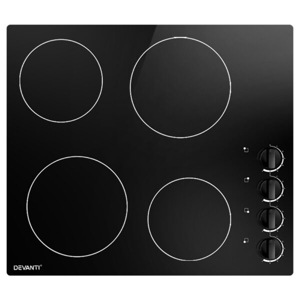 Aplusliving-60cm Ceramic Electric Cooktop 4 Zone Knob Control 6000W Black Glass Cooker