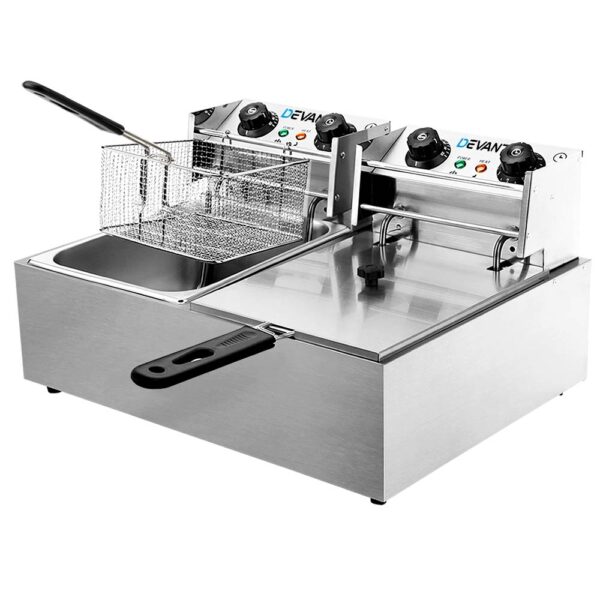 Aplusliving-Commercial Twin Basket Deep Fryer 2200W Dual Tank 20L Stainless Steel Kitchen