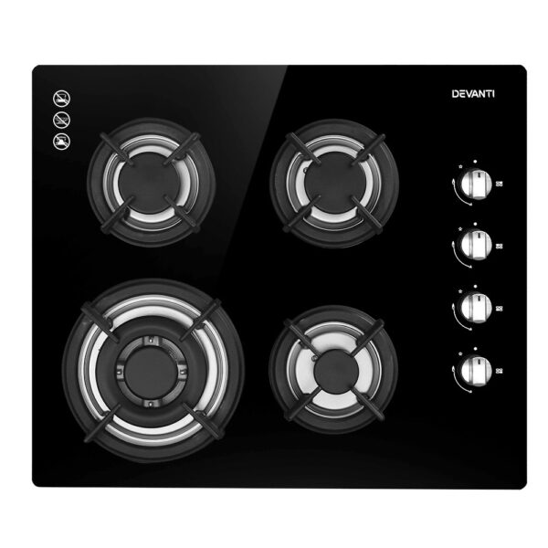 Aplusliving-60cm Black Glass Gas Cooktop 4 Burner Stove Hob Easy Ignite LPG/NG Convertible