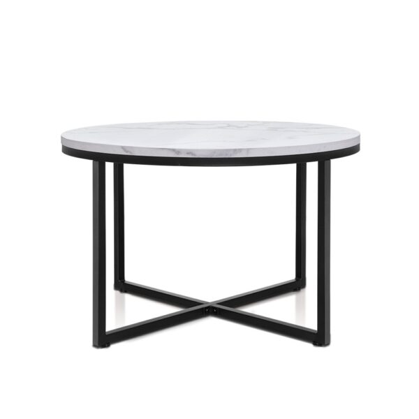 Aplusliving-70CM Round Marble Effect Coffee Table Modern X Shape Base MDF Metal Frame