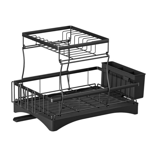 Aplusliving-2 Tier Expandable Kitchen Dish Drying Rack Drainer with Cutlery Holder Black