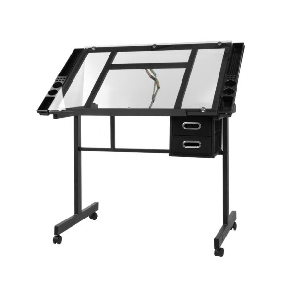 Aplusliving-Adjustable Glass Drawing Desk with Storage Trays and Drawers Black Grey