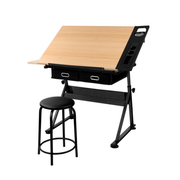 Aplusliving-Adjustable Drafting Table Stool Set MDF Top Slide Out Drawer Storage Black