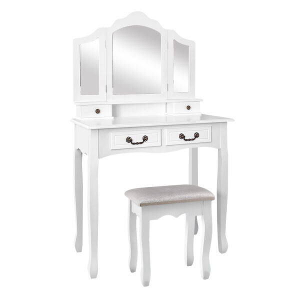 Aplusliving-Elegant White Dressing Table Set with Stool and Folding Mirror Storage