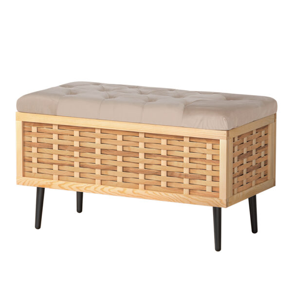 Aplusliving-Velvet Tufted Ottoman Storage Bench Pine Wood Weaved 80cm High Resilience Foam