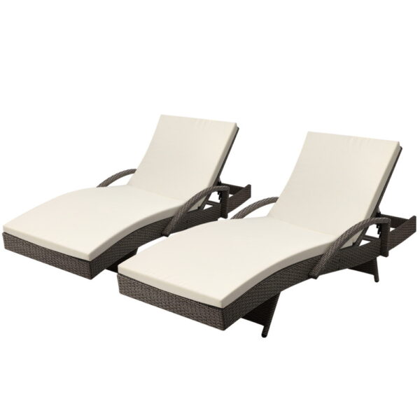 Aplusliving-2 Pack Outdoor Sun Lounge Chairs with Cushions Adjustable Grey Wicker Patio