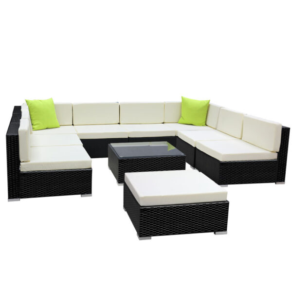 Aplusliving-Outdoor furniture set 10 piece wicker sofa lounge black beige cushions