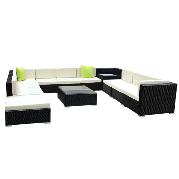 Aplusliving-12PC Outdoor Wicker Sofa Lounge Set UV Resistant with Storage Cover Beige