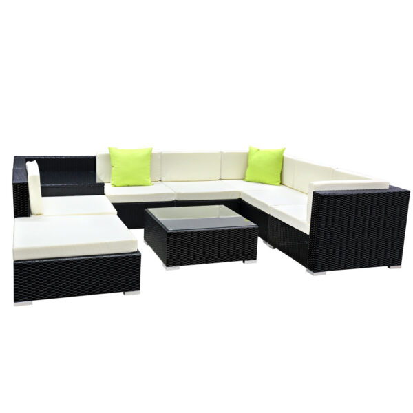 Aplusliving-9PC Outdoor Wicker Sofa Lounge Set UV Resistant with Storage Cover Beige