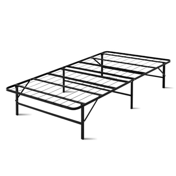 Aplusliving-King Single Metal Folding Bed Frame 150kg Capacity with Storage Space Black