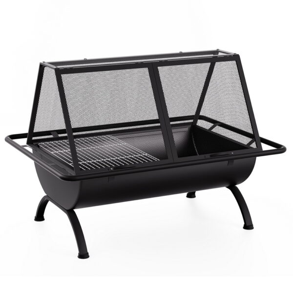 Aplusliving-Fire Pit BBQ Grill Outdoor Fireplace Steel 2-in-1 Mesh Cover Black 90x65x67cm