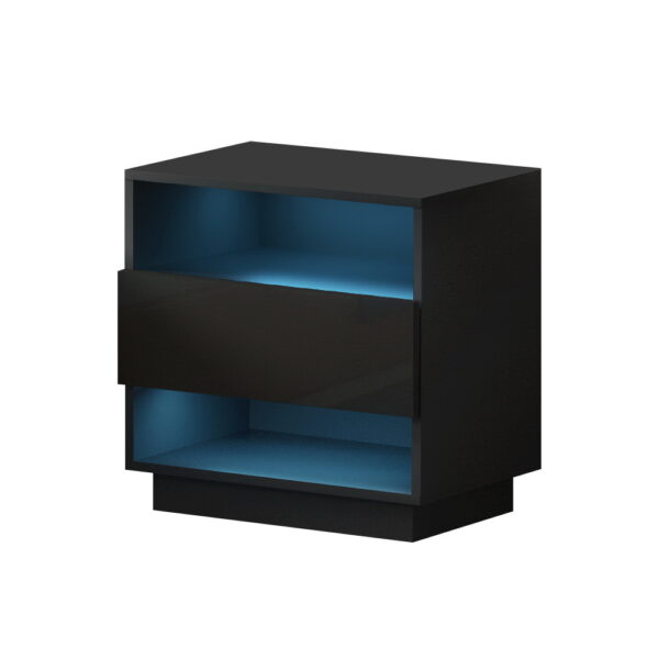 Aplusliving-Modern Black Bedside Table with LED Lights 2 Shelves & Drawer Bedroom Furniture